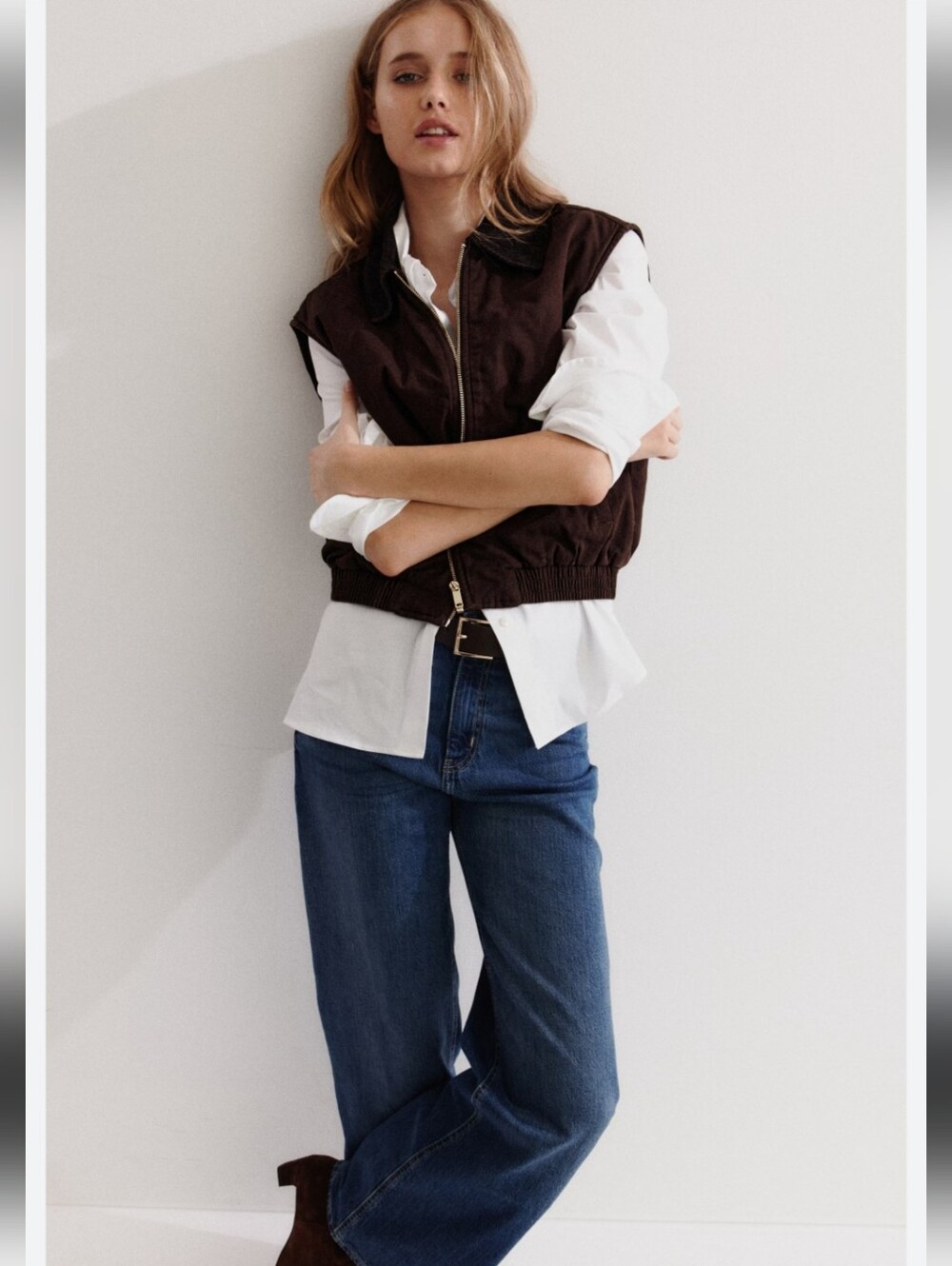 H&M Dark Brown Corduroy Collar Zip-Front Chore Barn Vest Fall Winter Outdoor XL